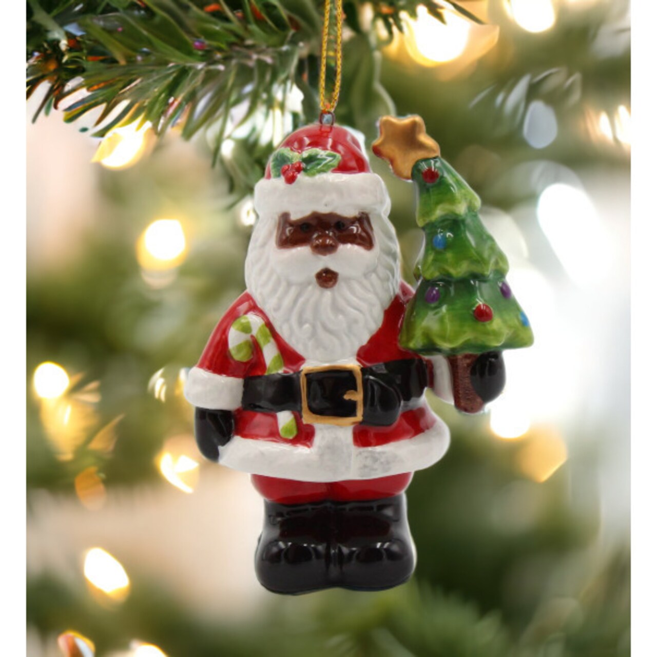 Christmas Decor African American Santa Claus With Christmas Tree Ornament Gift